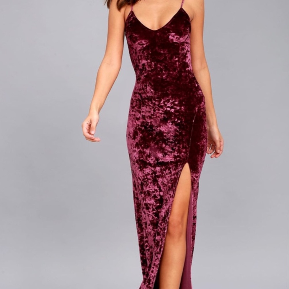 LULUS BURGUNDY VELVET LONG GOWN DRESS WITH SLIT